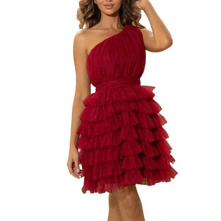 

European And Border Sexy One Shoulder Pleated Bust Layered Hem Mesh Dress Pastel Gothic Clothing Women