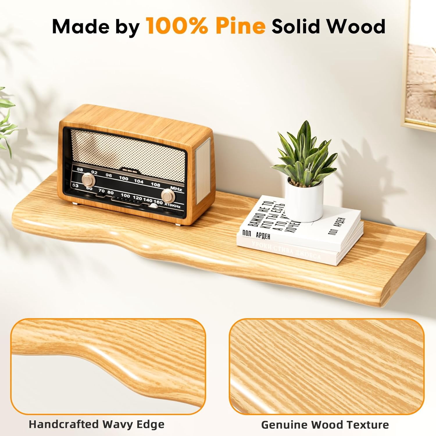 Seasonwood Rustic Farmhouse Floating Wall Shelf, 24 inch Live Edge Pine Wood Wall Mounted Shelf for Bathroom Living Room Bedroom Kitchen, Natural, 2pcs