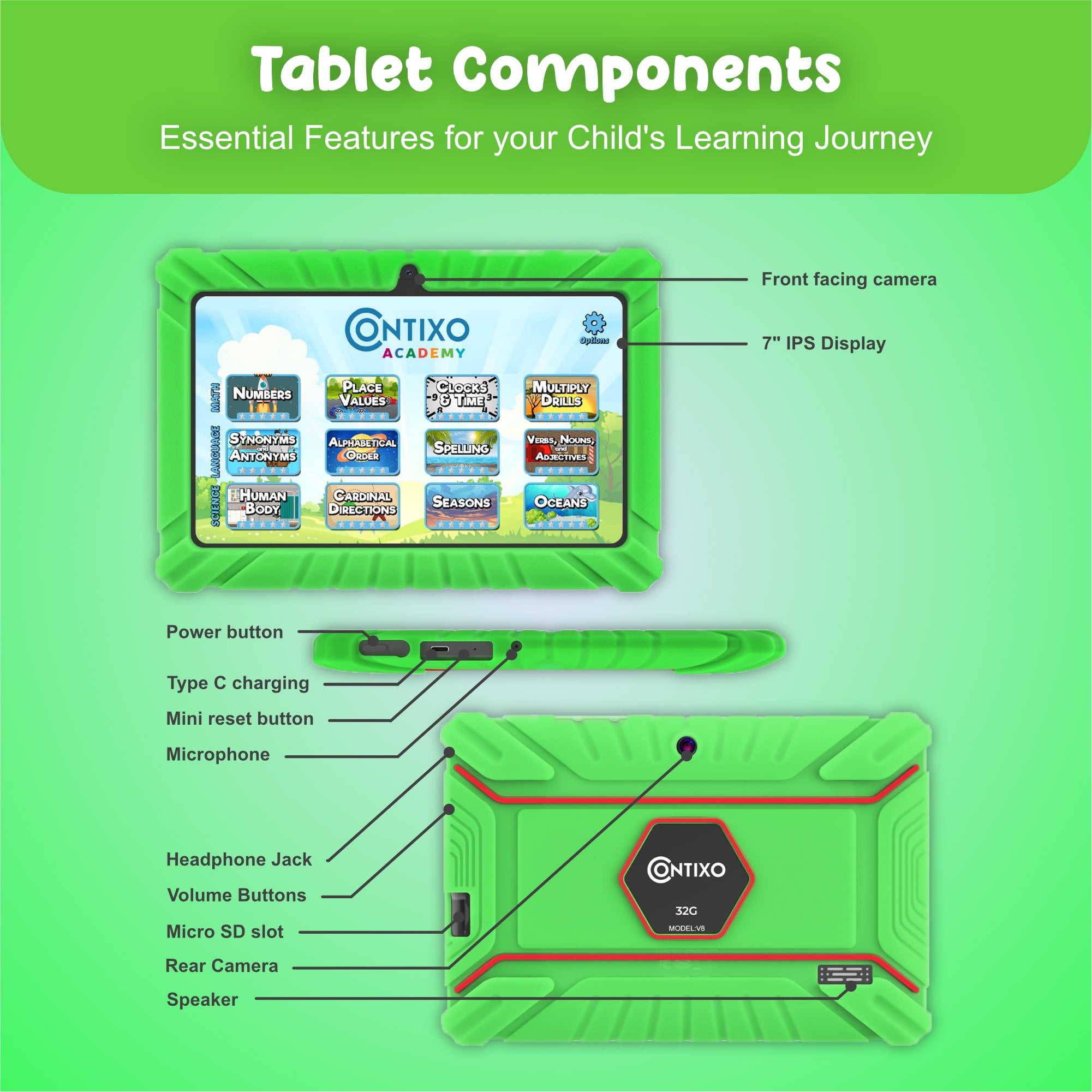 Contixo Kids Tablets and Smart Watch Bundle w/ STEM Learning System and Parental Controls, 7", Green