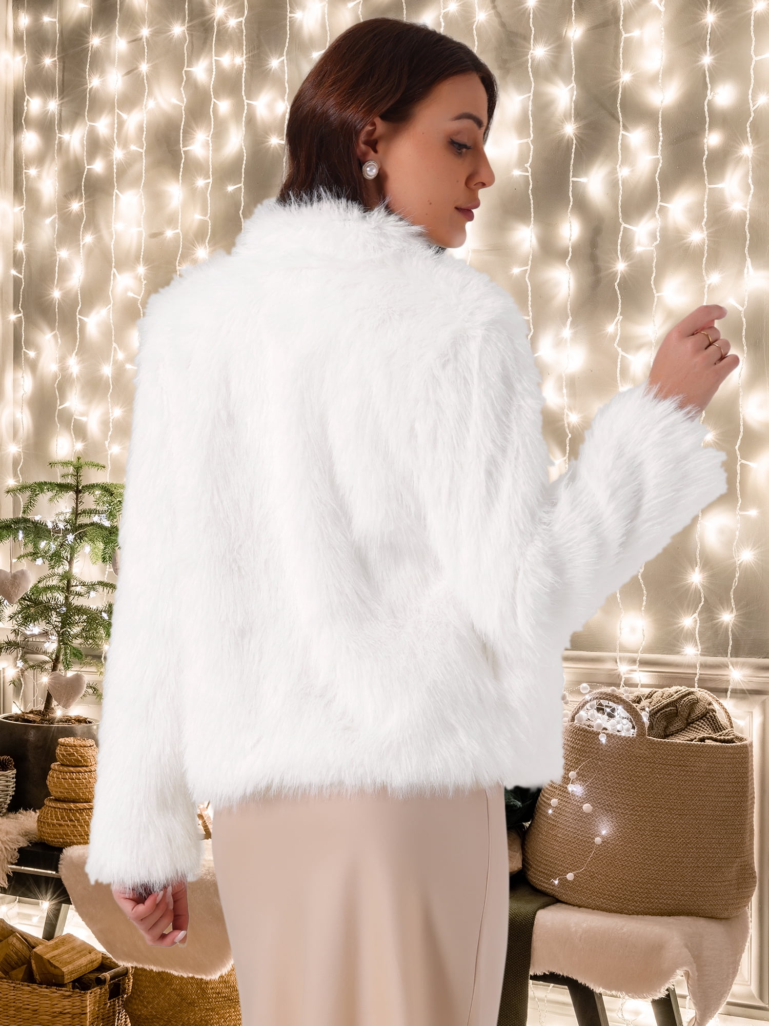 DARING DIVA Women's Faux Fur Cropped Jacket Open Front Shaggy Winter Outerwear S White