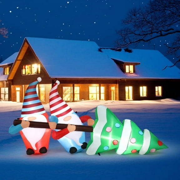 3.7FT Christmas Inflatable Decoration - Cute Gnomes Pulling Christmas Tree, 6 Built-in LED Lights, Indoor/Outdoor Holiday Yard Decor