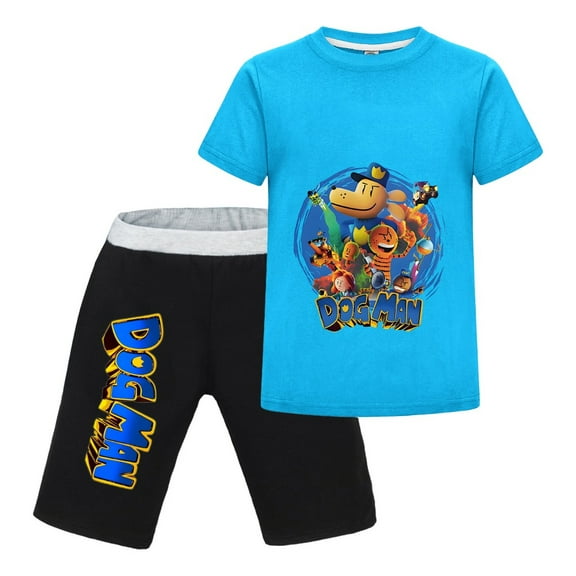 Dog Man Circle Frame Collage Kids Outfit Set – Boys Girls Short-Sleeve Graphic T-Shirt and Shorts 2-Piece Cartoon Clothing for Summer Play, Sleepwear, or Casual Wear