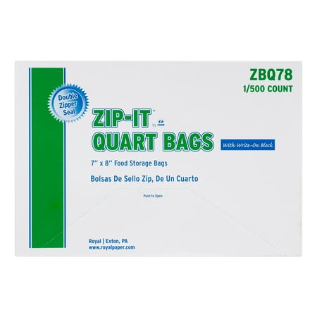 Royal Double Zipper Quart Bags, 7" x 8", Package of 500
