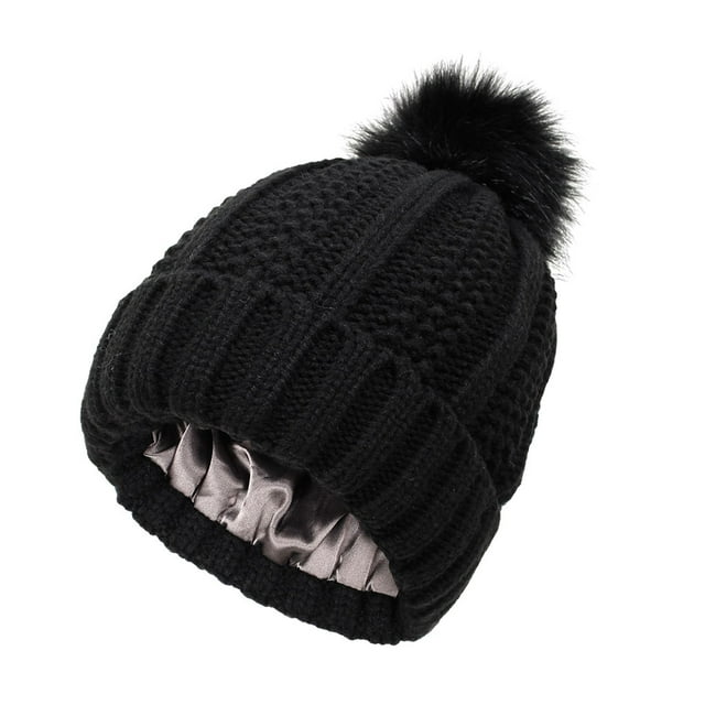 Sonducket Sombreros de moda del invierno de los accesorios de AcrylicFibers para la gorrita tejida alineada satén elegante del invierno del Sombreros Negro