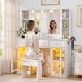 thumbnail image 2 of Zimtown Makeup Vanity with 3 Colors Light Mirror, Glass Top Vanity Desk with Two Glass-Door Storage Cabinets & Charging Station, White, 2 of 7