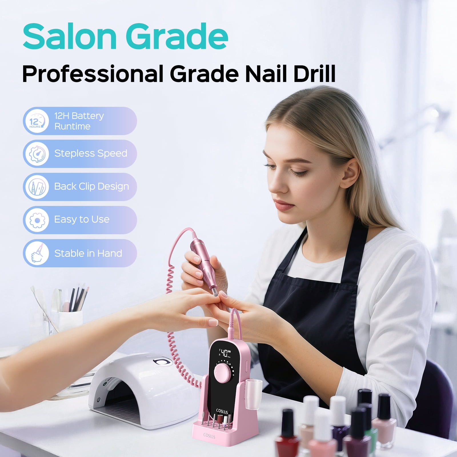 COSLUS Electric Nail Drill,40000 RPM Portable Nail File with Storage Stand,for Acrylic Gel,Pink