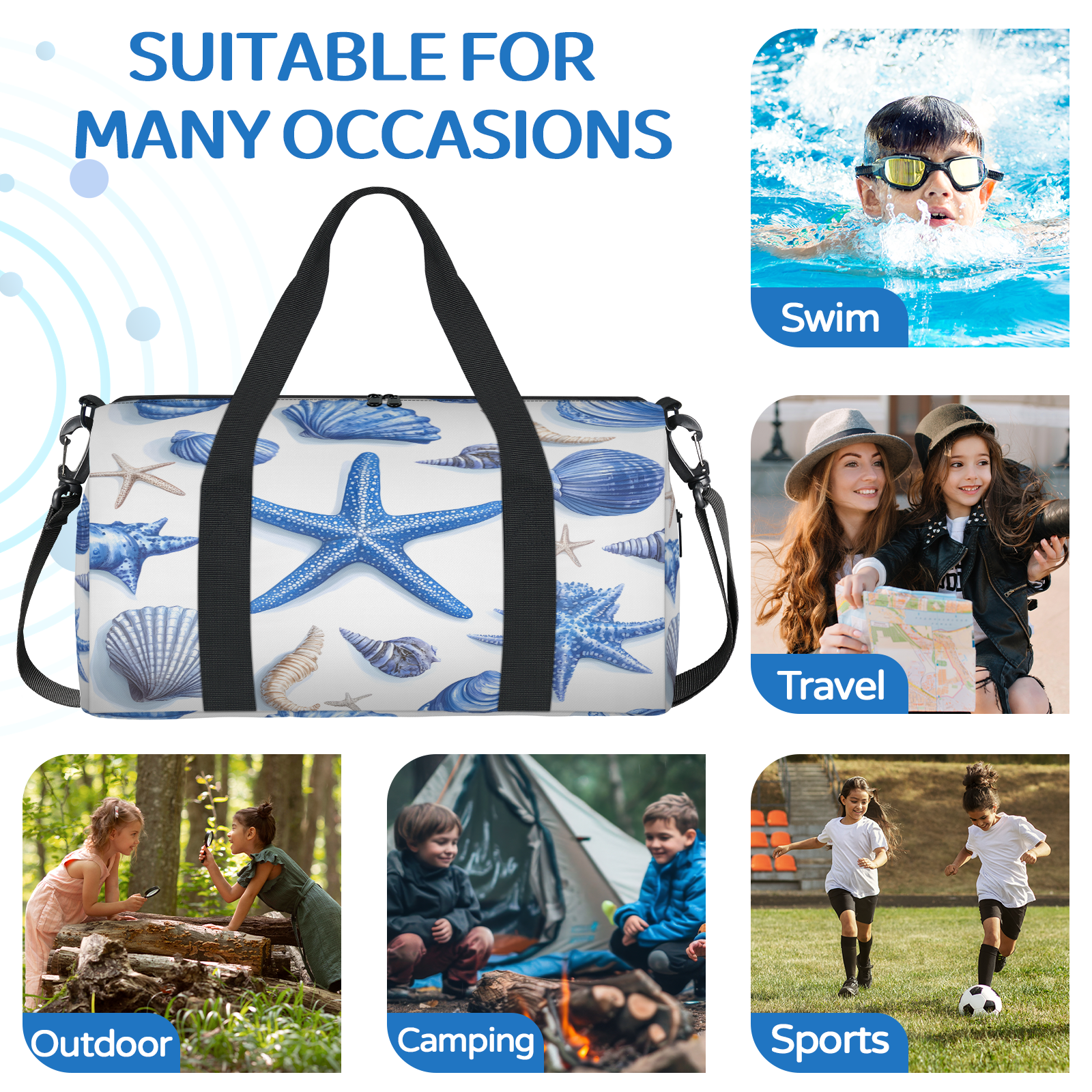 Herdesigns Seashell Starfish Travel Duffle Bag Sports Yoga Weekender Overnight Carry on Workout Bags Lightweight Waterproof Gym Tote Bag for Women Ocean Beach