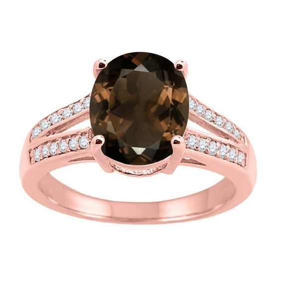 Mauli Jewels Rings for Women 2.52 Carat Oval Smokey Quartz and Diamond Ring 4-Prong 10K Rose Gold