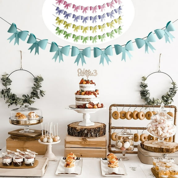 OEFNTAC Korean Birthday Party Decoration Paper Bow Pull Flowers 59x78in Macaron Color Cute Photo Backdrop Banner