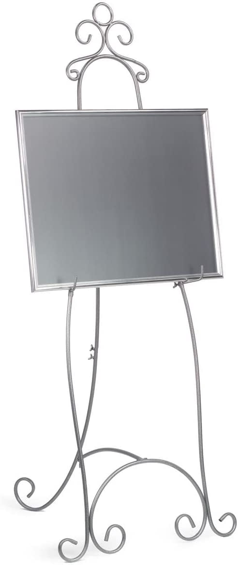 Floor Easel with Decorative Scroll Detailing, Height-Adjustable Hooks, 71.25 inches Tall, Metal - Silver (EAS5199SLV)