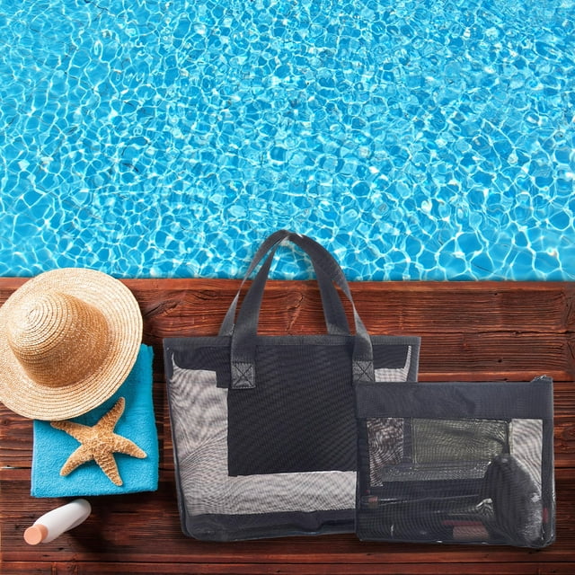 Fiudx Bolsa de Playa de Gran Capacidad, Diseño de Malla, Ligera y Portátil, Ideal para Viajes y Actividades Al Aire Libre, Resistente a La Arena, con Protector Solar, Juego de 2 Piezas, 20 X 10 X 19