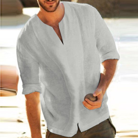 Utoimkio Men's Linen Shirts Casual Lightweight 3/4 Sleeve V Neck Solid Loose Shirt Summer Beach Shirt Tops for Men