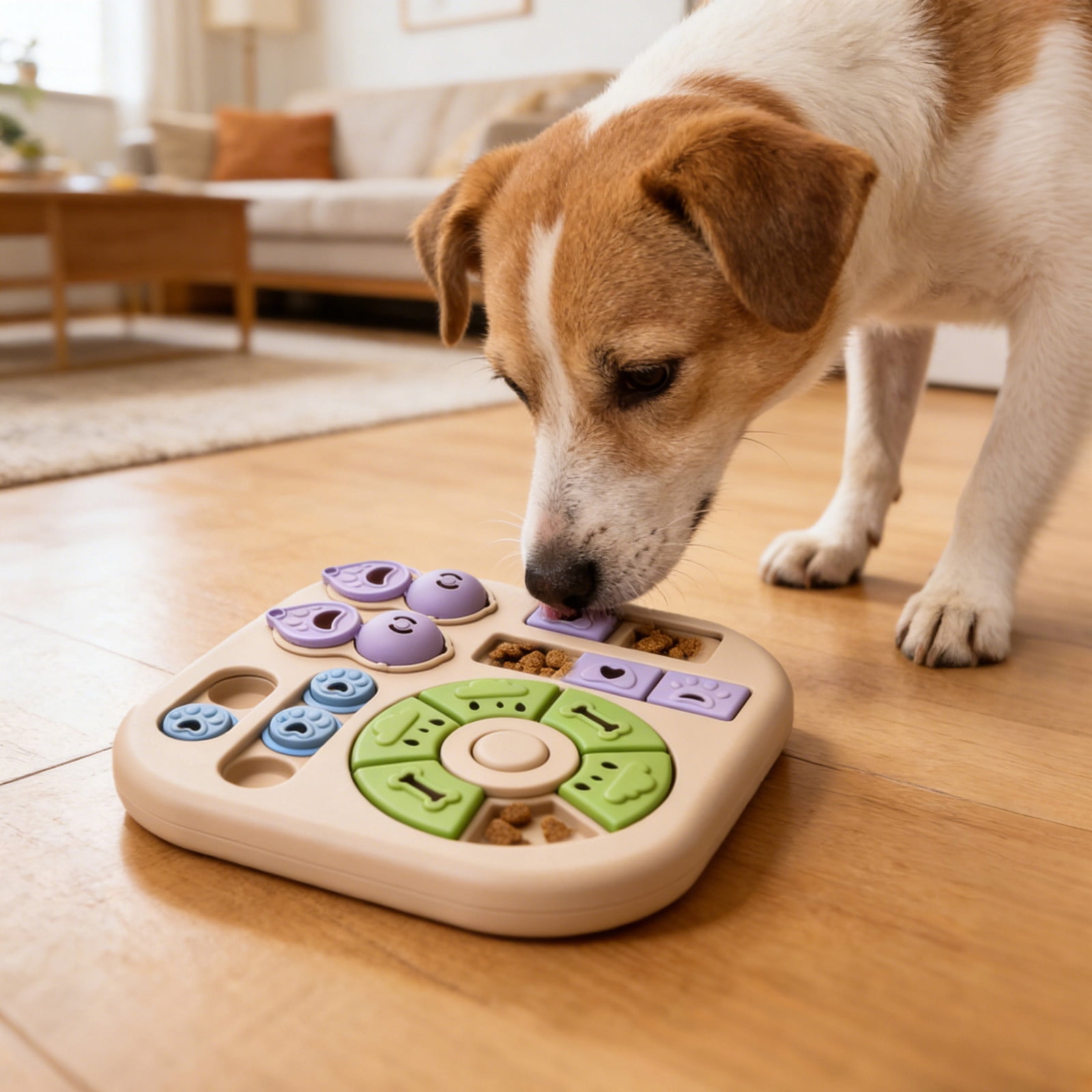 Dog Puzzle Toy Slow Feeder, Interactive Treat Dispenser for Mental Stimulation - Enrichment Snuffle Mat with Spinning Wheel & Buttons for Dogs Puppies Cats, Boredom Breaker (Beige)