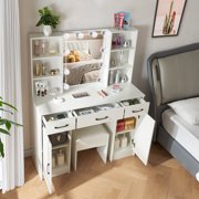 Caulitar Vanity Table Set with LED Lighted Mirror Makeup Vanity Desk with Stool & 3 Drawers & 2 Cabinets, White