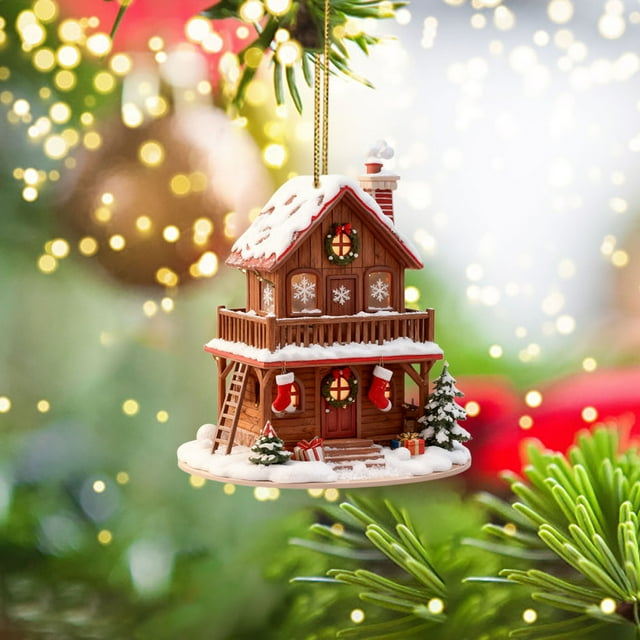 Adorno Navideño Colgante | Exquisito Adorno Colgante de Acrílico con Forma de Casa | Tema de Cabaña Invernal | Acrílico Ligero | 8 Cm | 1 Letrero Colgante