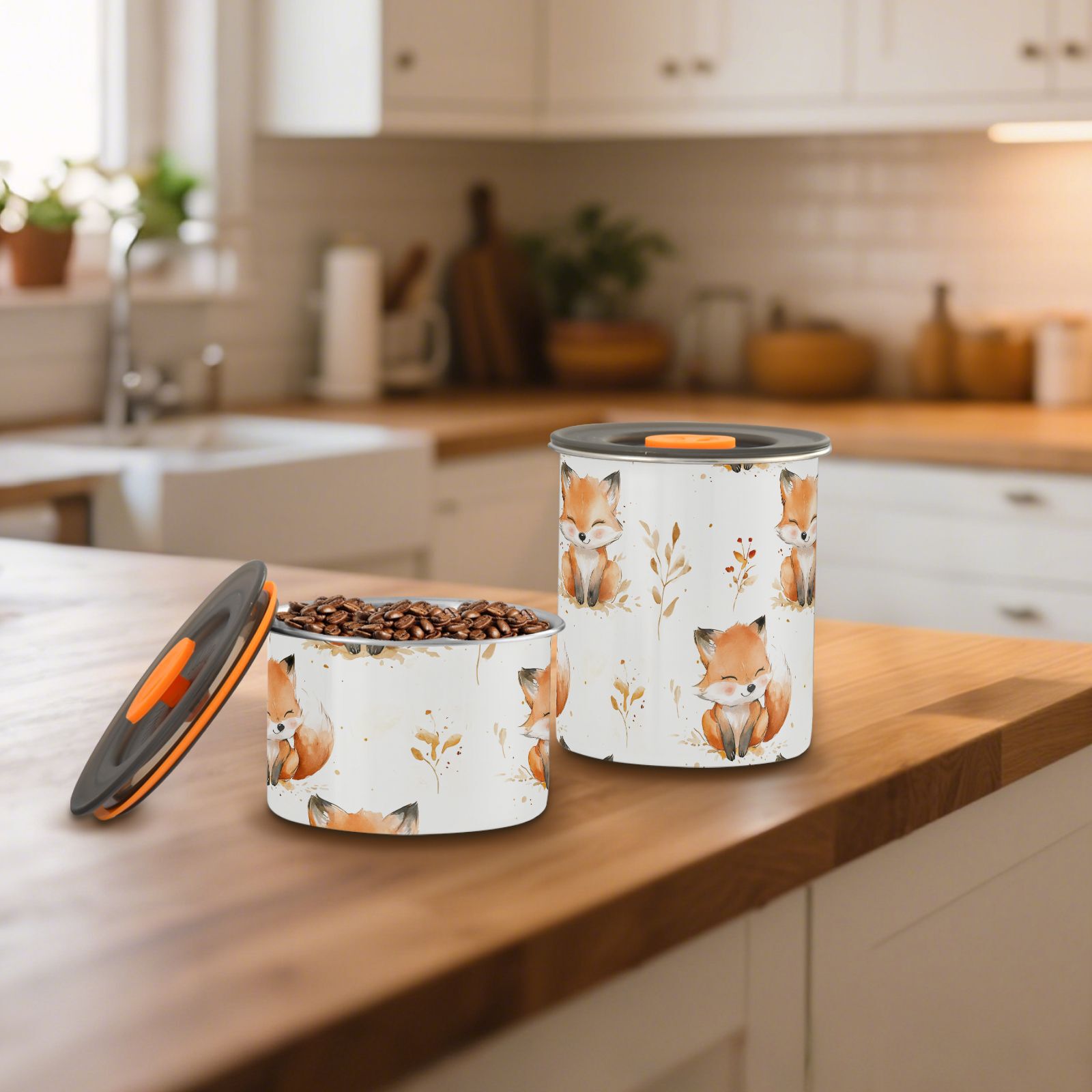 Cute Fox Watercolor Airtight Coffee Bean Canister 30oz Food Storage Containers with Lids For Gournd, Tea, Sugar, Flour, Rice, Cereal, Candy Cookie Jar