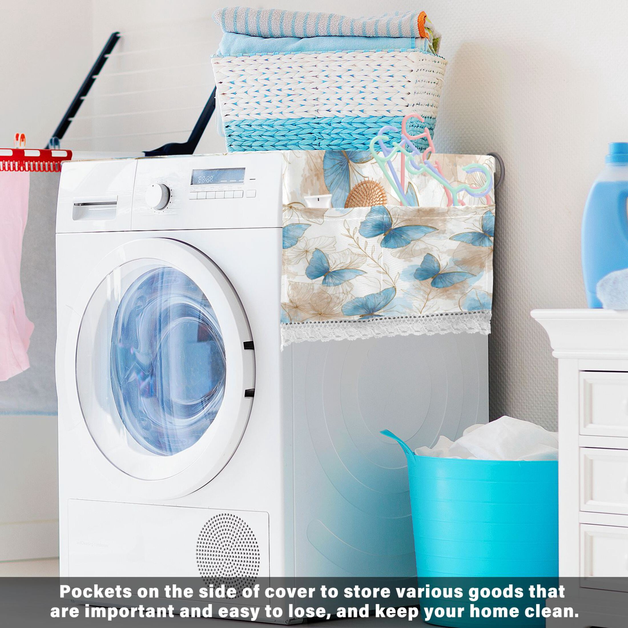 Wobogo Soft Blue Butterfly Washing Machine Cover Dustproof Washer Dryer Cover Waterproof Laundry Room Decorative Protector