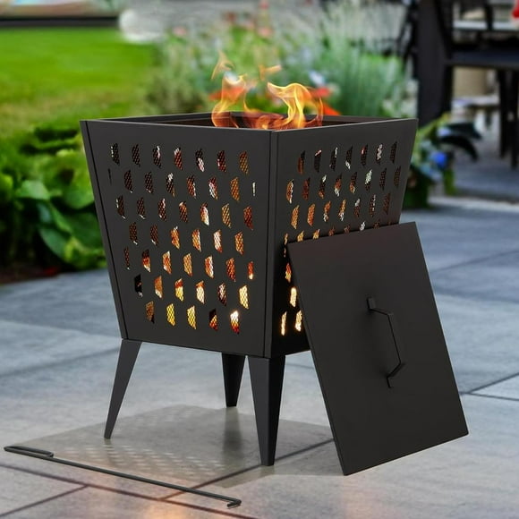 Sunjoy 18 in. Fire Pit, Steel Outdoor Patio Fire Pit Wood Burning Backyard Fire Pit with PVC Cover and Fire Poker