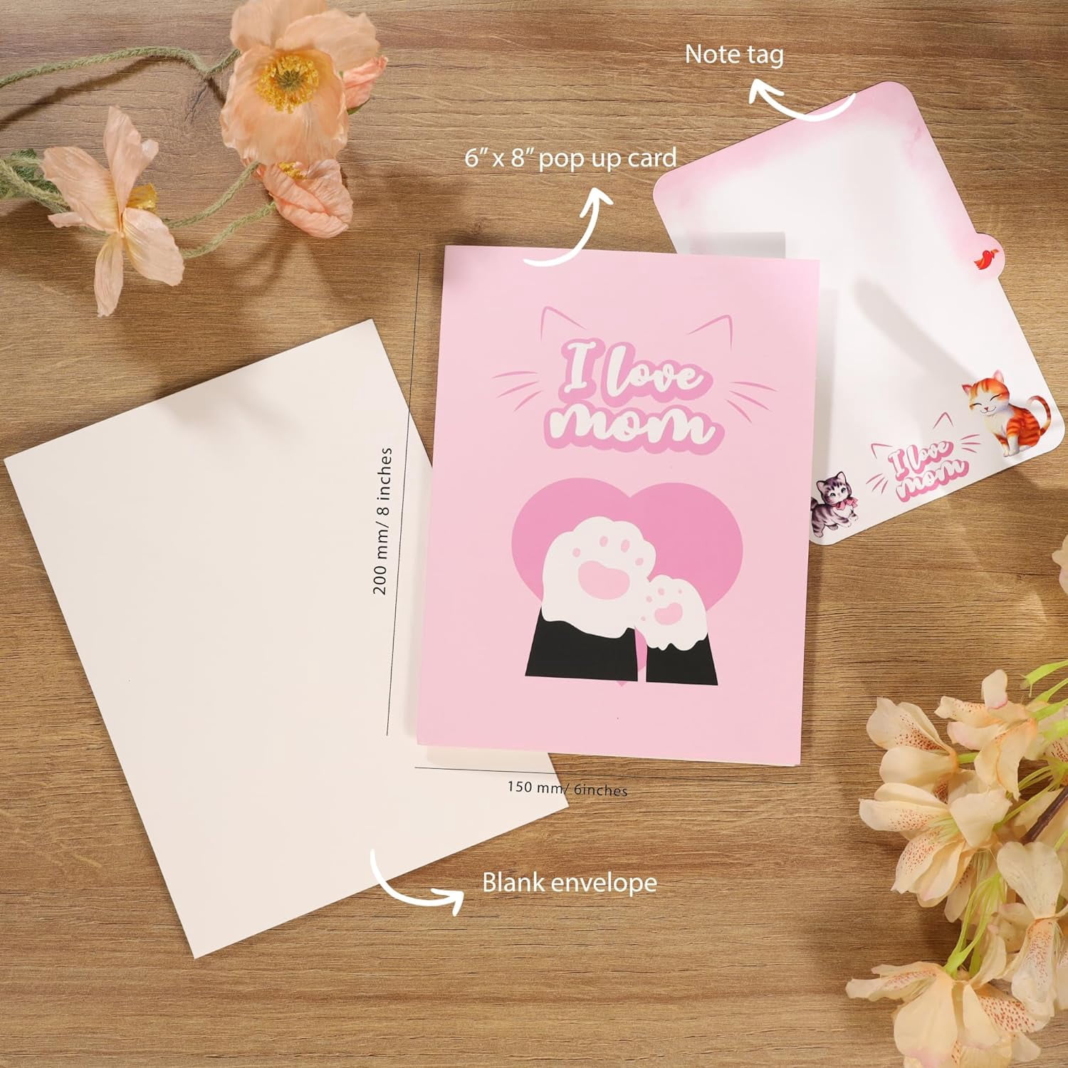 I Love You Mom, Pop Up Mother’s Day Card, 3D Cat Mom & Floral Heart Shaped Birthday Cards, Ideal Gift for Wife, Godmother, Stepmom, Sister, Grandma, Mother in law, 6x8 - Includes Envelope And Note