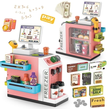 UUSUOO 46PCS Cash Register Playset for Kids,Cashier Register Toy,Kids Pretend Play Cash Register Toy with Scanner,Coffee Machine,Credit Cards,Play Food & Money,Christmas Toys for Kids 3-6,Pink