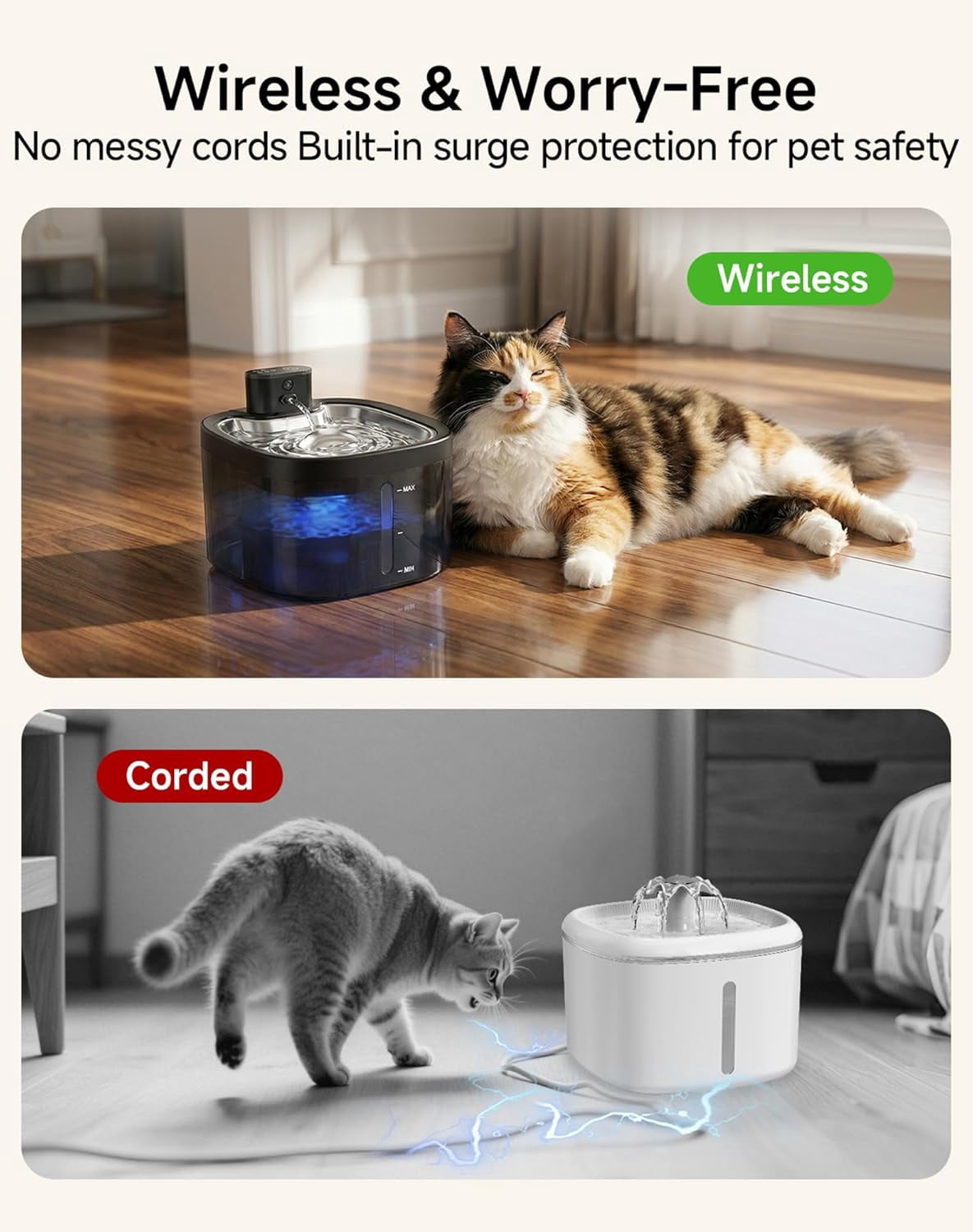 Cordless Battery Operated 118oz/3.5L Pet Water Fountain with Motion Sensor, Stainless Steel Tray, Ultra Quiet and Easy-to-Clean for Cats Indoors