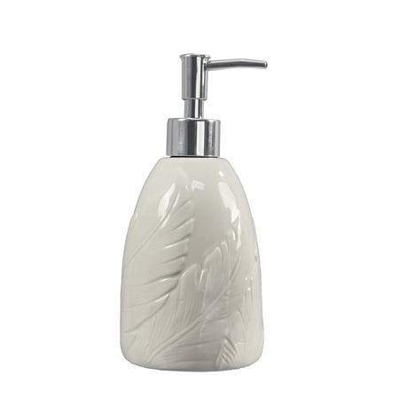 - Palm Leaf Lotion or Soap Dispenser Embossed Ceramic White Kitchen or Bath