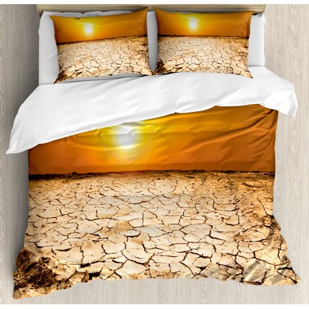 Desert Queen Size Duvet Cover Set, Drought Land and Hot Weather Climate Theme Sun Arid Country Landscape, Decorative 3 Piece Bedding Set with 2 Pillow Shams, Sand Brown Orange Yellow, by