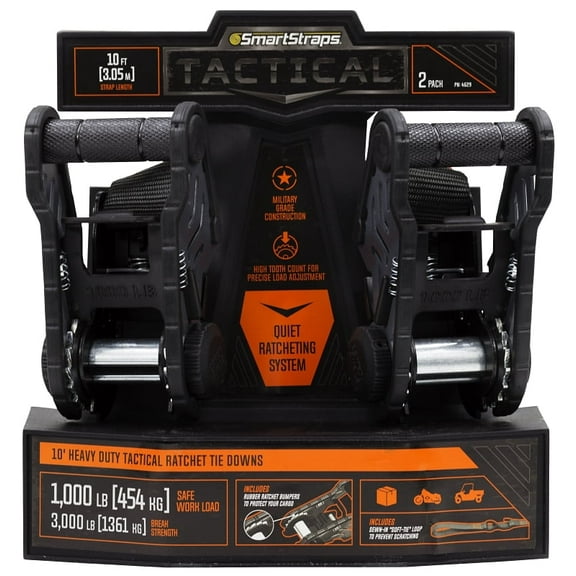 SmartStraps 1.25" x 10ft Tactical Standard Ratchet Tie Down Straps 2 pack , Orange - 1,000lb SWL
