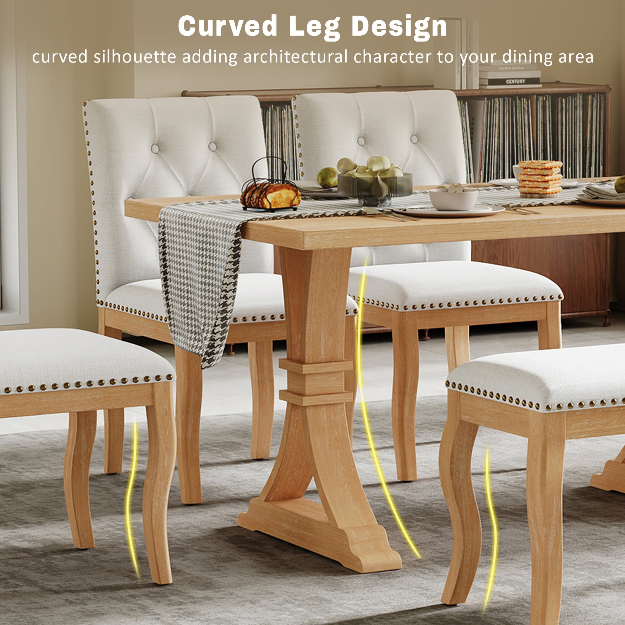 Euroco 6 Pieces Dining Table Set for 6, Solid Wood Kitchen Table Set with 4 Upholstered Chairs and Bench, Rectangular Dining Furniture Set,Natural