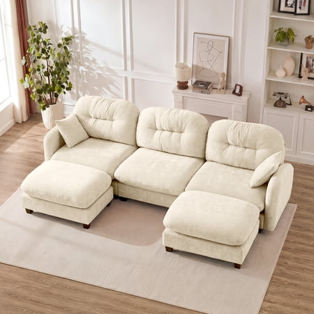 Modular Sectional U Shaped Couch with Ottoman Premium Beige Chenille Fabric 3 Seat Sofa with High-Density Foam Quilted Pleated Backrest and 2 Throw Pillows for Living Room Bedroom