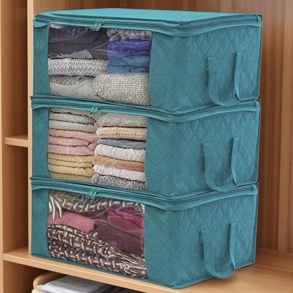 Large Storage Bags, 3 Pack Closet Organizers and Storage, Clothes Foldable Storage Bins with Reinforced Handles, Storage Containers for Clothing, Blanket, BLue