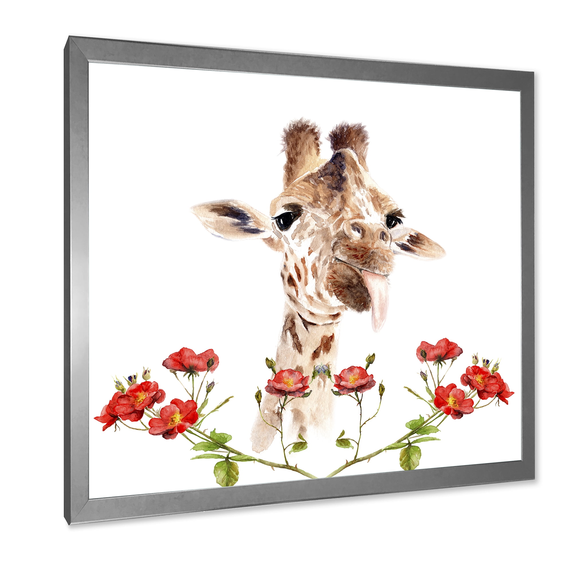 Designart 'Portrait of A Giraffe With Red Flowers I' Farmhouse Framed Art Print