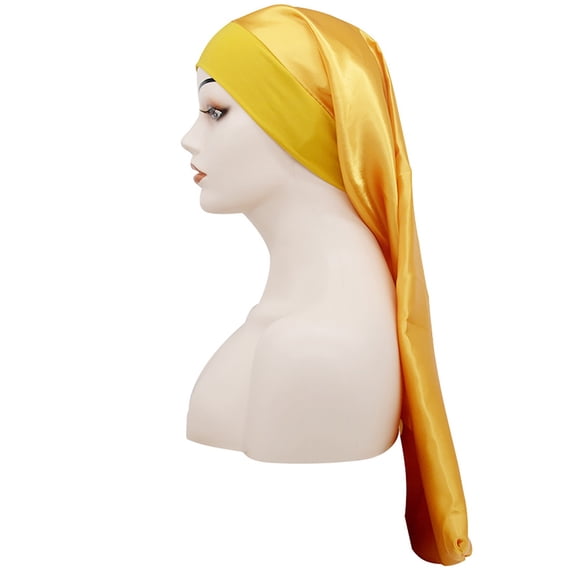 Silk Cap for Sleeping Women,Adjustable Long Silk Bonnet for Curly Hair Elastic Night Cap Gold