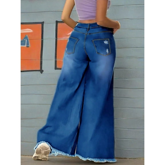 Women's High Waisted Wide Leg Distressed Ripped Jeans Vintage Wash Denim with Frayed Hem