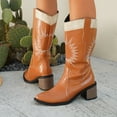 thumbnail image 4 of Embroidery Knee High Cowboy Boots Women Stacked Heel Splice Leather Wide Calf Pull on Long Cowgirl Booties, 4 of 7