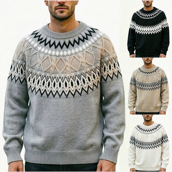 Babcutegg Mens Fair Isle Crewneck Sweater Long Sleeve Jacquard Knit Pullover Fall Winter Loose Casual Sweaters Size L