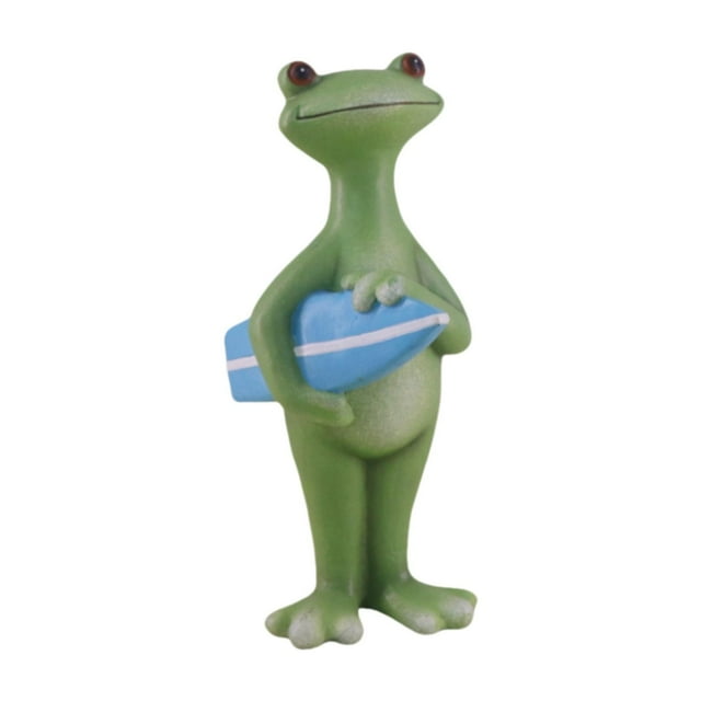 Estatua de rana, figura de resina, escultura animal, regalo de cumpleaños, estatua de jardín en miniatura, figura de rana para jardín, sala de estar, tabla de surf azul