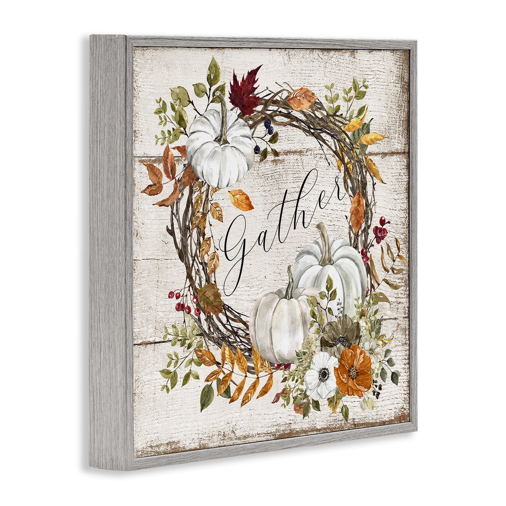 Stupell Industries Gather Autumnal Wreath Holiday Painting Gray Framed Art Prints Wall Art, 17 x 17