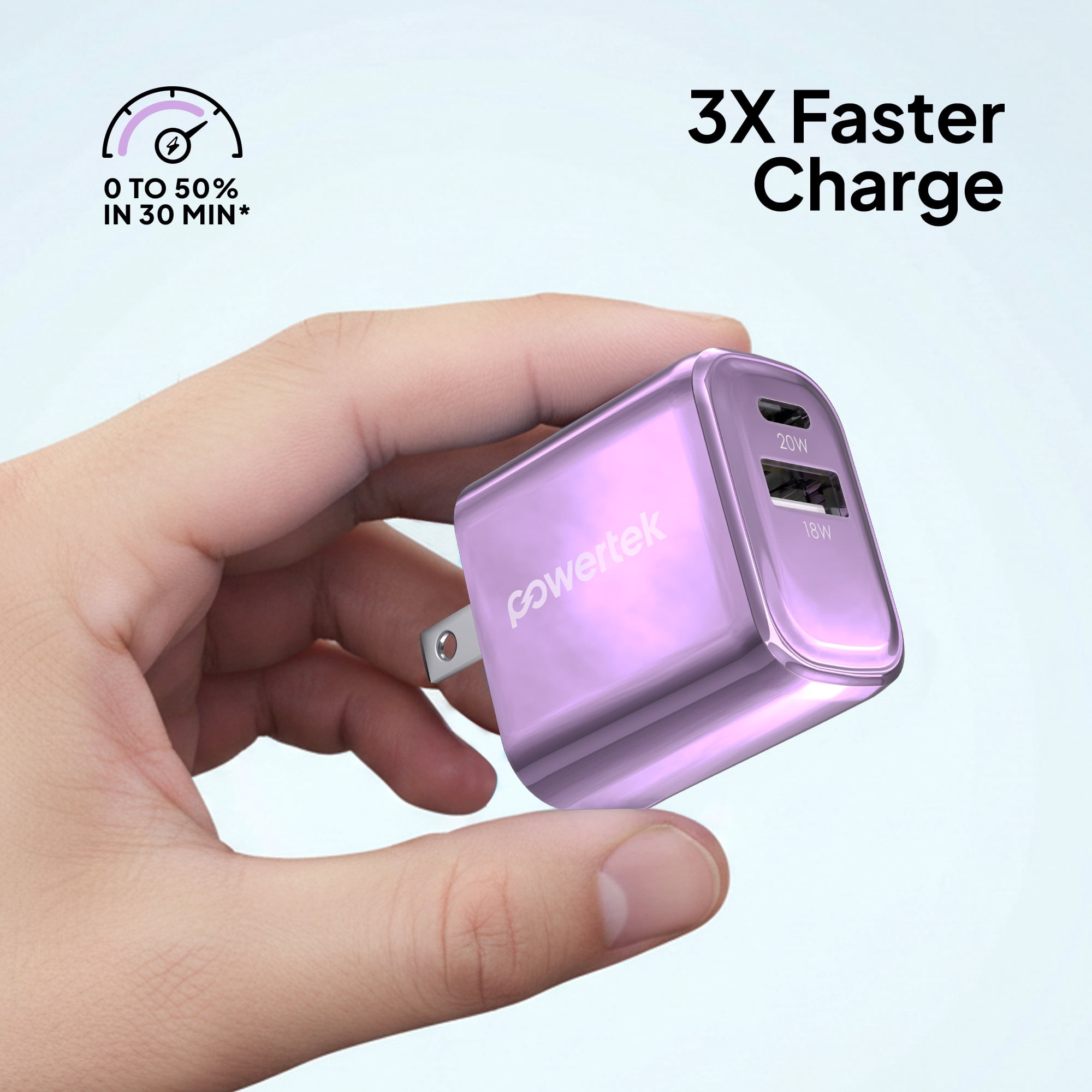 Powertek 20W USB-C PD + 18W USB-A Dual Port Wall Charger, Metallic Shine Pastel, Purple