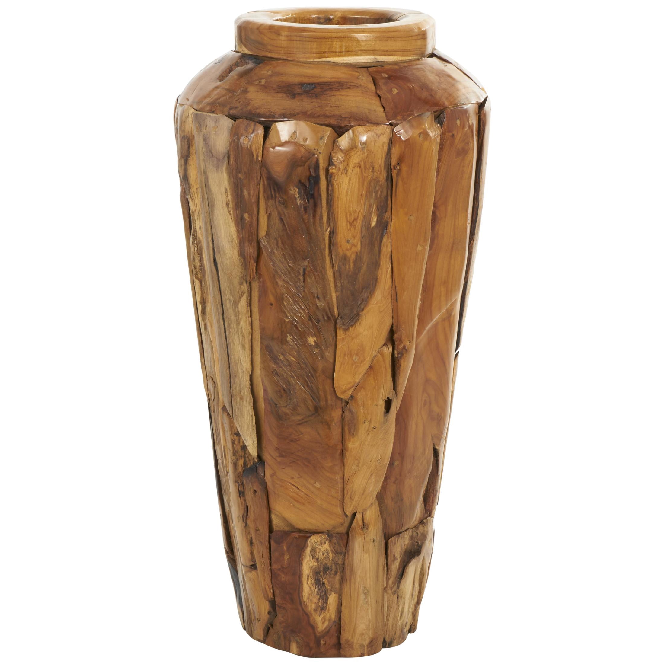 DecMode 32" Handmade Tall Floor Brown Teak Wood Vase with Mosaic Live Edge Pieces