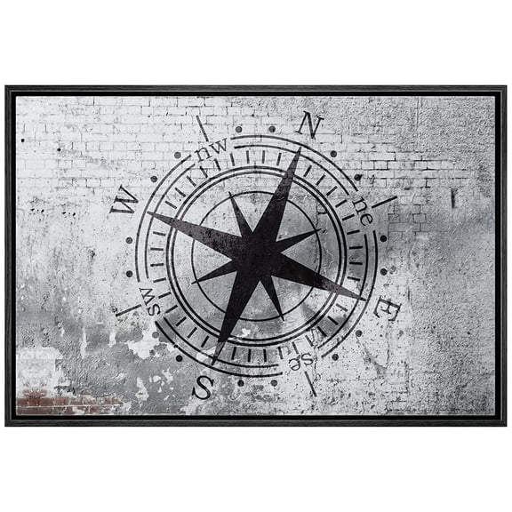 wall26 Framed Canvas Print Wall Art Compass on Gritty Gray City Brick Wall Abstract Shapes Digital Art Graffiti & Street Art Scenic Cityscape for Living Room, Bedroom, Office - 24"x36"