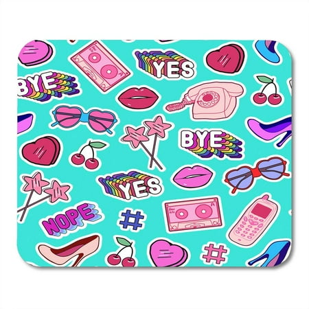 KDAGR Bright Green Patch Badges Pins Cell Phones Heart Shaped Sunglasses Lips Lollipops Words Yes Bye Nope Mousepad Mouse Pad Mouse Mat 9x10 inch