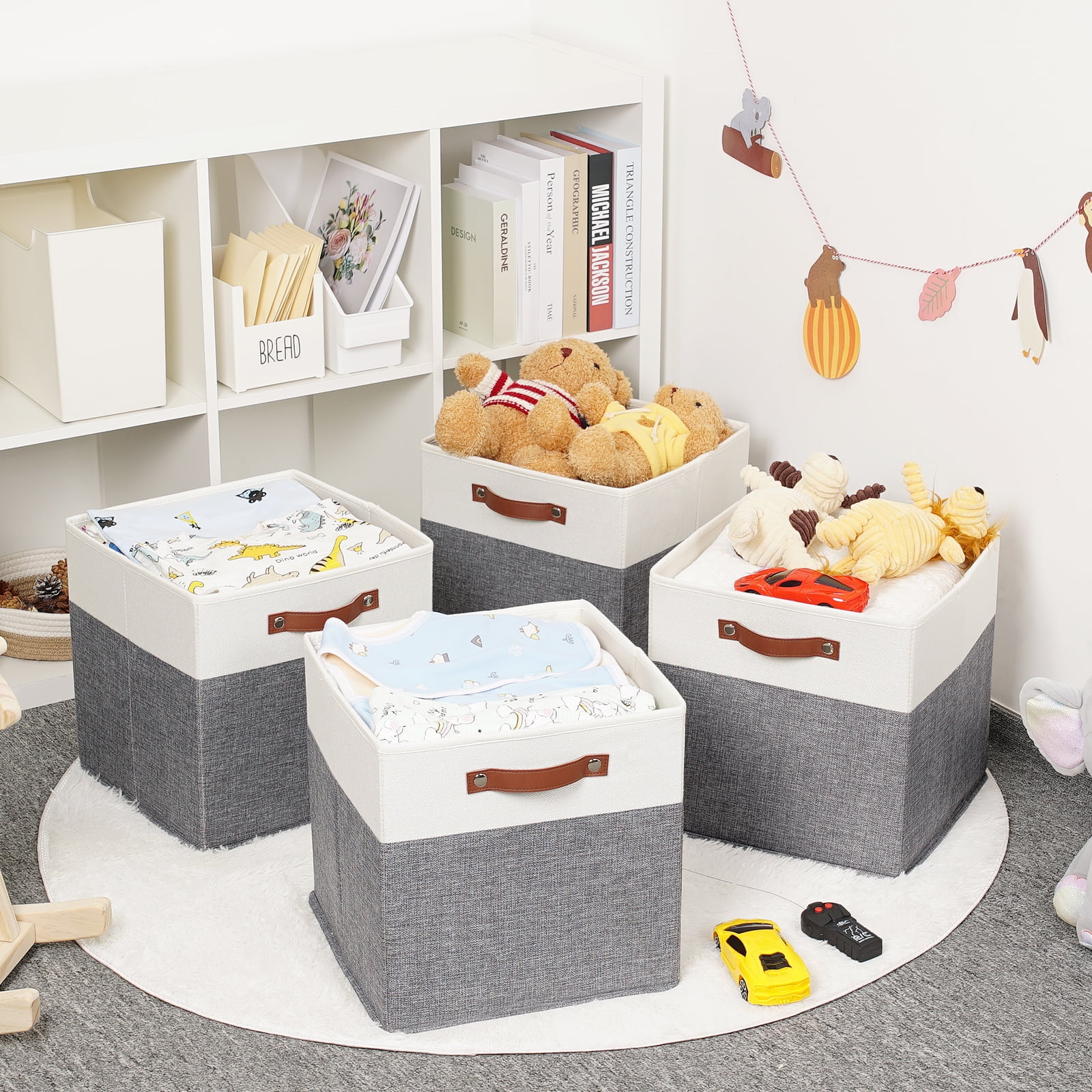ANLEM 13x13 Storage Cubes Baskets 4 Pack Fabric Cube Storage Bins Large Storage Baskets with Leather Handles,Decorative Storage Boxes for Organizing Shelves(White&Gray)