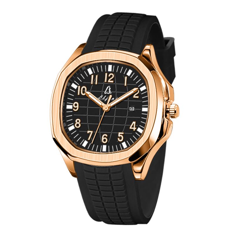 Blekon Collections Men's 44mm Quartz Watch, Comfortable Silicone Strap, Luminous Hands & Numbers, Easy-Read Date Display, Sleek Round Dial – Perfect for Everyday Wear (Rose-Gold/Black)