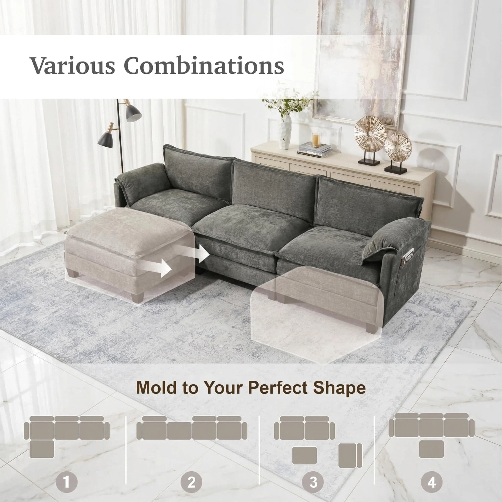 AISWORD 107.4" L Shaped Modular Sectional Sofa with Movable Ottoman & Side Storage Pockets, 4 Seat Convertible Set for Living Room & Office, Grey