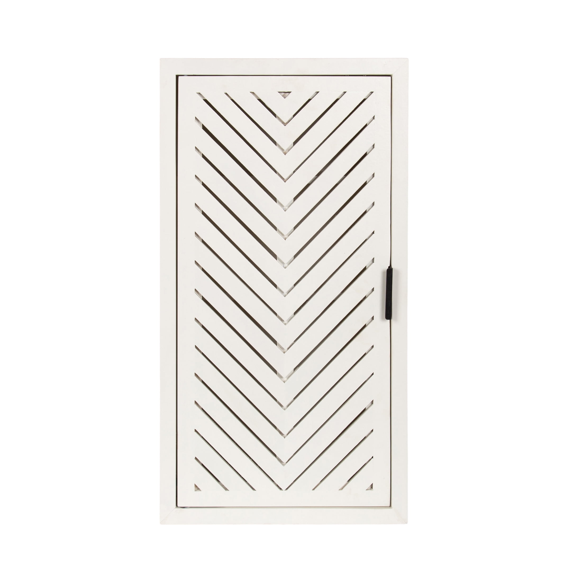 Kate and Laurel Mezzeta Decorative Modern One-Door Floating Bathroom Cabinet, 15 x 7 x 28, White, Decorative Over Toilet Storage Cabinet Made from Solid Mango Wood with Slatted Chevron Design