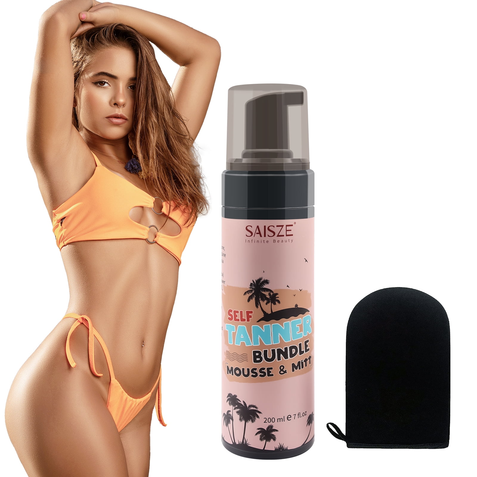 SAISZE Flawless Self-Tanning Mousse Streak-Free, Long-Lasting Natural Glow For All Skin Tones, Sunless Tanner Includes Professional Mitt For Easy Application, Black Coconut Scent, 7 oz