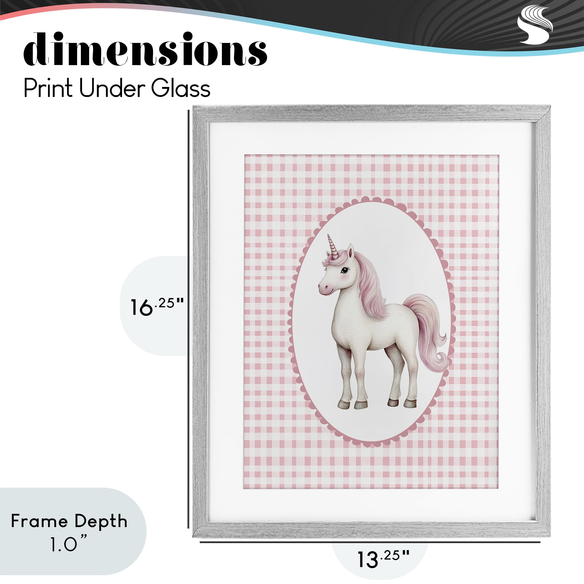 Stupell Industries Pink Gingham Unicorn Gray Framed Print Under Glass, design by Christine Simpson Art