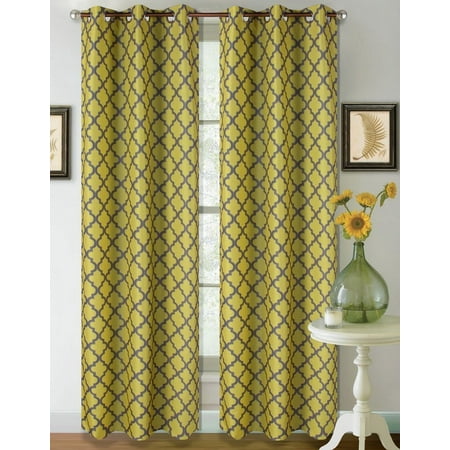 (#22) Hotel Quality SILVER Grommet Top,  1 PANEL YELLOW GRAY  THERMAL FOAM LINED Modern Printed Design Room Darkening Insulated BLACKOUT HEAVY THICK WINDOW CURTAIN DRAPES  GROMMETS 84
