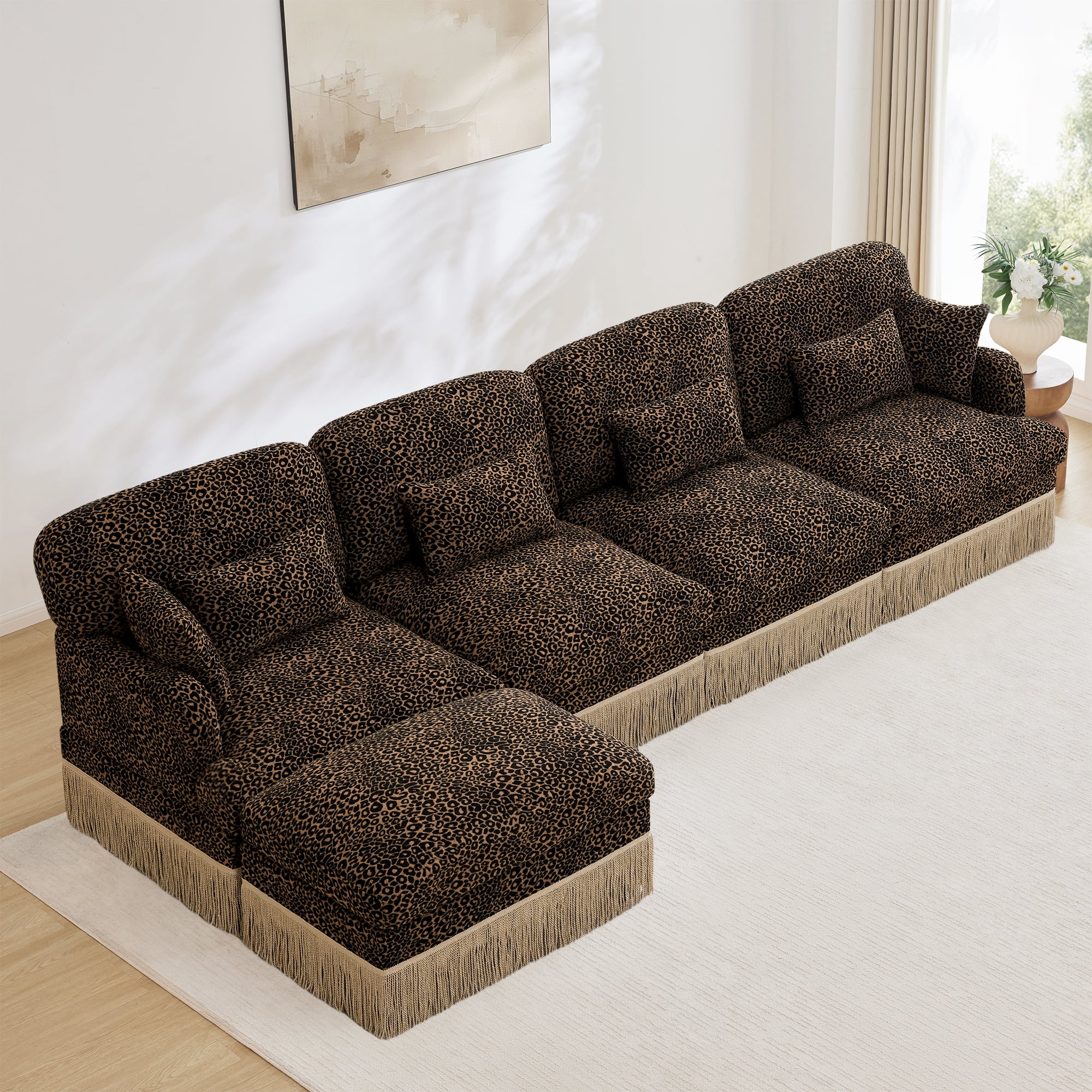 131" Chenille Leopard Tassel Deep Seat L Shape 4 Seater Modular Sofa Couch with 6 Throw Pillows and Ottoman